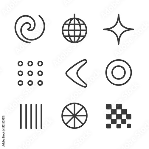 Retro Pattern Icons. Outline icon set of retro printed patterns: 70s swirl, disco ball, pixel dot, atomic star, boomerang shape,