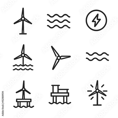 Offshore Wind Icons. Outline icon set of offshore wind parks: wind turbine, ocean, waves, energy, platform, blades, sea, offshore,