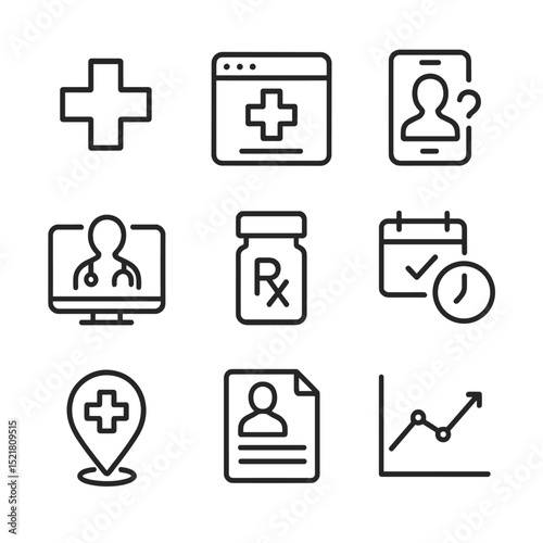 Online Health Icons. Outline icon set of health information online: medical cross, health website, symptom checker, doctor video