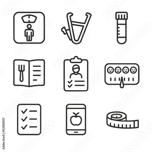 Nutritional Assessment Icons. Outline icon set of nutritional assessment tools: BMI scale, body fat caliper, blood test vial, food