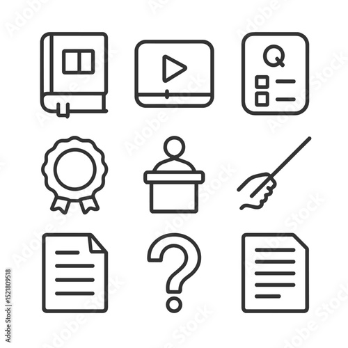 Educational Icon Set. Outline icon set of educational tutorials on green screen: instruction manual, play button, progress bar,