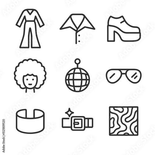 Retro Disco Icon Set. Outline icon set of retro disco revival: bell-bottom jumpsuit, platform shoe, oversized collar, afro