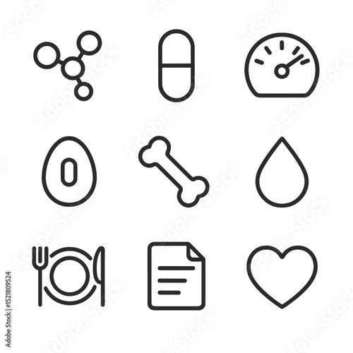 Egg Nutrition Icons. Outline icon set of egg nutrition and health: protein molecule, vitamin capsule, cholesterol gauge, calorie