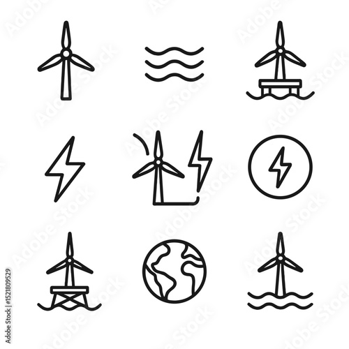 Offshore Wind Icons. Outline icon set of offshore wind turbine design: turbine blades, ocean, offshore, energy, power generation,