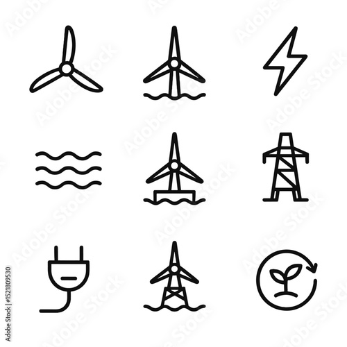 Offshore Wind Icons. Outline icon set of offshore wind turbine design: turbine blades, ocean, offshore, energy, power generation,