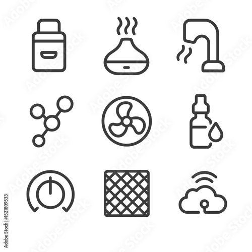 Olfactory Interface Icons. Outline icon set of olfactory interface technology: scent cartridge, aroma diffuser, airflow nozzle,