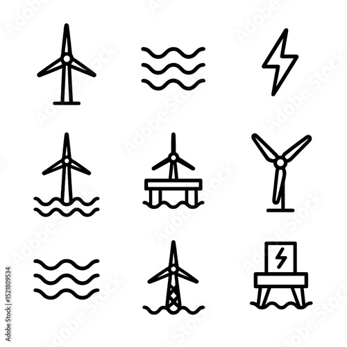 Offshore Wind Icons. Outline icon set of offshore wind parks: wind turbine, ocean, waves, energy, platform, blades, sea, offshore,