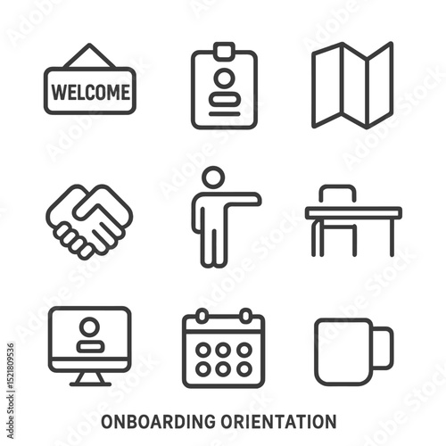Onboarding Icon Set. Outline icon set of onboarding orientation: welcome sign, badge, brochure, handshake, guide figure, desk,