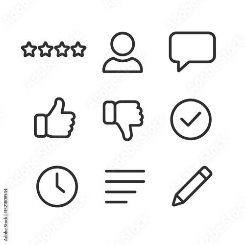 Review Icon Set. Outline icon set of community-generated reviews: star rating, user avatar, comment bubble, thumbs up, thumbs down