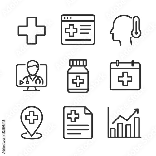 Online Health Icons. Outline icon set of health information online: medical cross, health website, symptom checker, doctor video