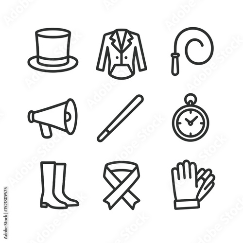Ringmaster Essentials Icons. Outline icon set of ringmaster essentials: top hat, tailcoat, whip, megaphone, baton, pocket watch,