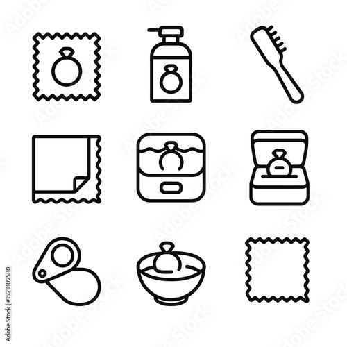 Ring Care Tool Icons. Outline icon set of ring care tools: polishing cloth, jewelry cleaner bottle, soft-bristle brush, lint-free