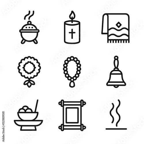 Ritual Objects Icons. Outline icon set of ritual and ceremonial objects: incense burner, prayer candle, ceremonial cloth, flower