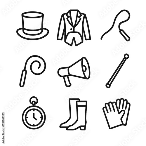 Ringmaster Essentials Icons. Outline icon set of ringmaster essentials: top hat, tailcoat, whip, megaphone, baton, pocket watch,