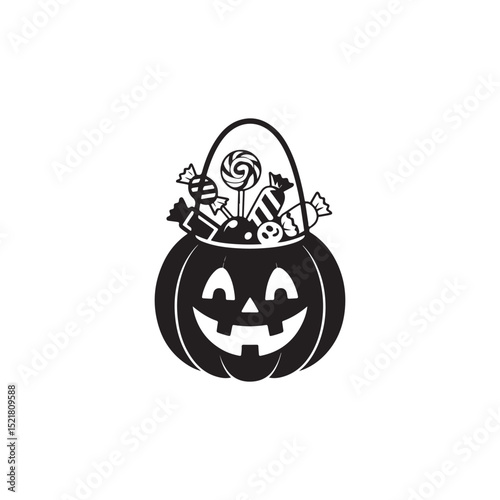 Halloween Candy Pumpkin Treat Bag Illustration.A stylized black and white illustration of a pumpkin decorated with candy, perfect for Halloween.