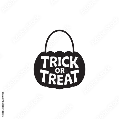 Simple Black and White Halloween Trick or Treat Pumpkin Design,A graphic design of a stylized pumpkin shaped sign with the words 