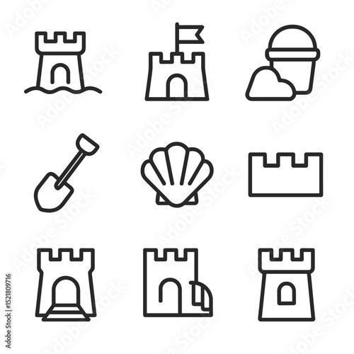 Sandcastle Icon Set. Outline icon set of sandcastles: turret, moat, flag, bucket tool, shovel tool, seashell decoration, sand wall