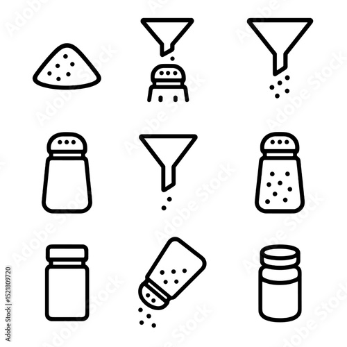 Salt Shaker Icons. Outline icon set of refilling a salt shaker: salt, shaker, funnel, pepper, seasoning, container, kitchen, spice