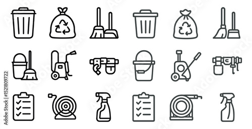 Cleaning equipment and tools icons for organization and maintenance