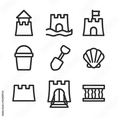 Sandcastle Icon Set. Outline icon set of sandcastles: turret, moat, flag, bucket tool, shovel tool, seashell decoration, sand wall