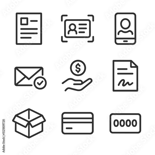 Savings Account Icons. Outline icon set of savings account opening process: application form, ID card scan, selfie verification,