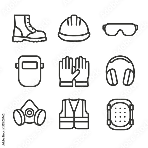 Safety Gear Icons Set. Outline icon set of metal safety equipment: steel-toe boot, hard hat, safety glasses, welding mask, gloves,