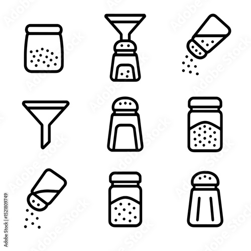 Salt Shaker Icons. Outline icon set of refilling a salt shaker: salt, shaker, funnel, pepper, seasoning, container, kitchen, spice