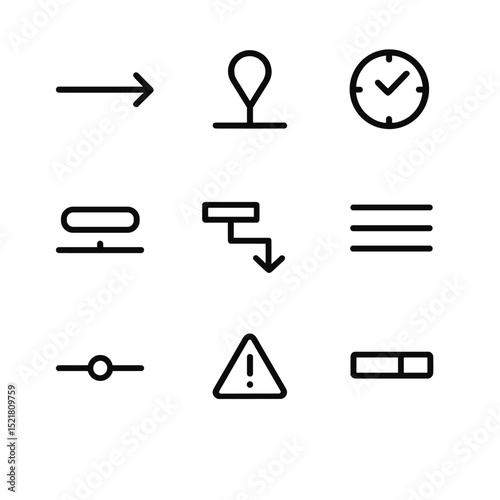 Scheduling Icon Set. Outline icon set of scheduling and timelines: timeline arrow, milestone marker, deadline clock, task bar,
