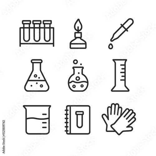 Scientific Experiment Icons. Outline icon set of scientific experiments: test tube rack, Bunsen burner, pipette, flask, chemical