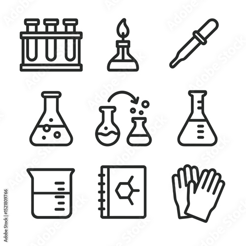 Scientific Experiment Icons. Outline icon set of scientific experiments: test tube rack, Bunsen burner, pipette, flask, chemical