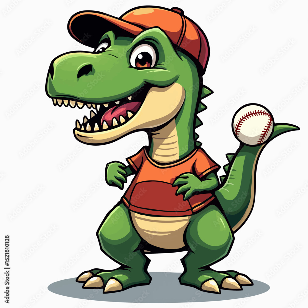 Fototapeta premium Vector drawing for children, teenager t-shirt. Cute green dinosaur boy with ball for baseball game isolated on white background. Design for fabric, paper, clothing.