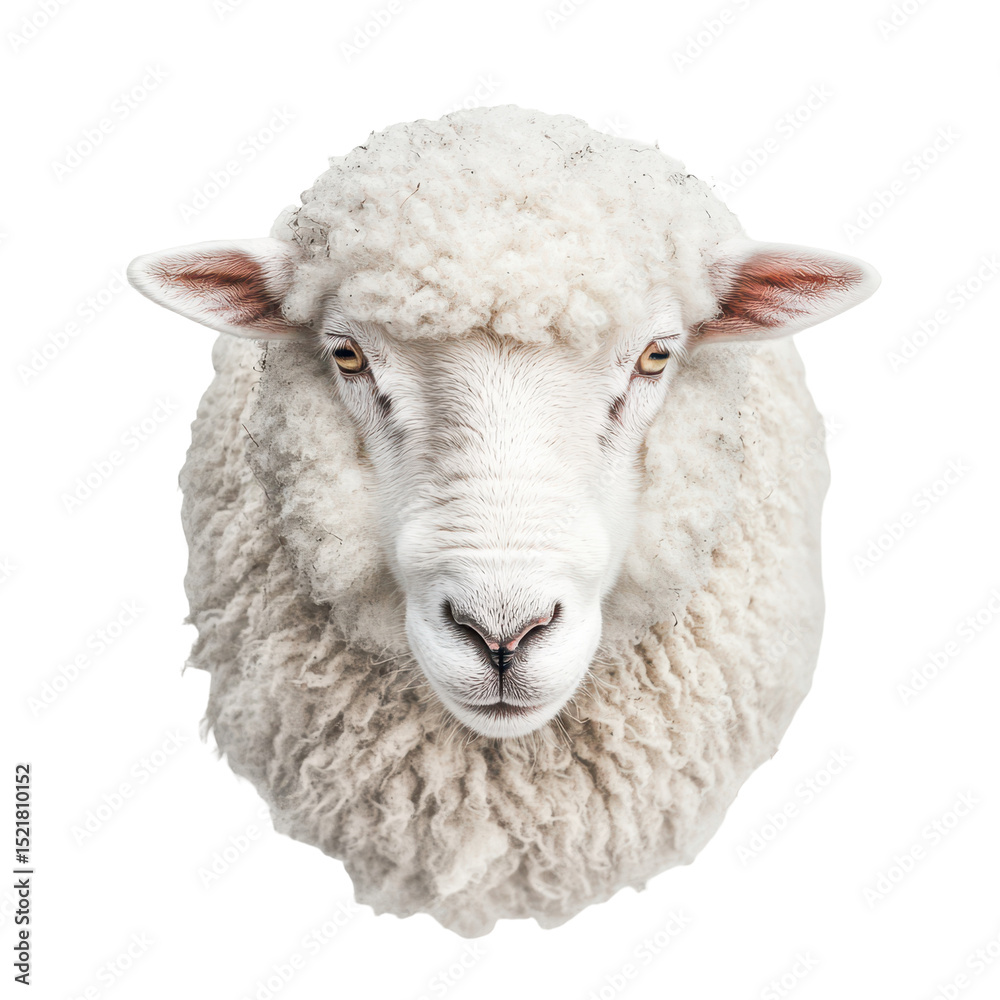 Fototapeta premium Fluffy white sheep with thick wool standing against a plain background