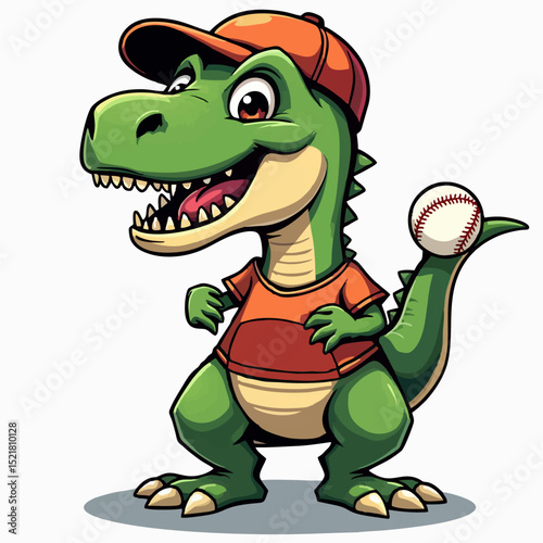 Vector drawing for children, teenager t-shirt. 
Cute green dinosaur boy with ball for baseball game
isolated on white background. Design for fabric, 
paper, clothing.