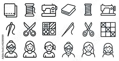 Sewing and quilting line icons for craft and design projects