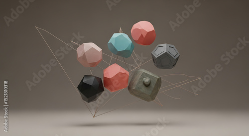 Professional 3D Render of Abstract Geometric Game Pieces Floating on Neutral Background, Minimalist Concept