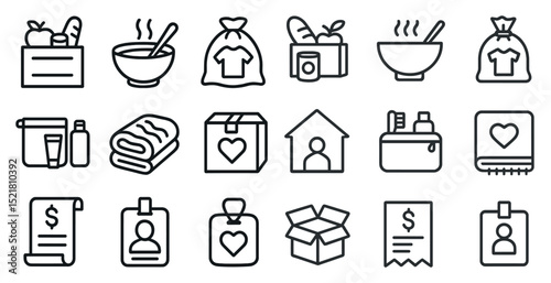 Charity and home essentials icons for donation, organization, and design projects