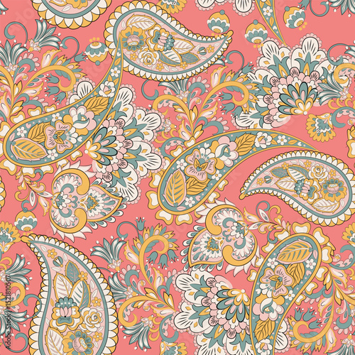 Turkish Cucumber Paisley seamless vector pattern in traditional Oriental style. Decorated with flowers, leaves, and fantasy elements, for fabric, textile and wallpaper covers