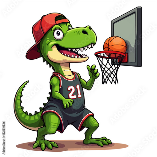 Vector drawing for children, teenager t-shirt. 
Cute green dinosaur boy thrown
basketball ball into ring
isolated on white background. Design for fabric, 
paper, clothing.