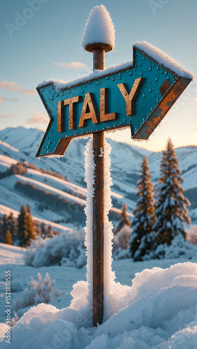 on the pole there is a direction arrow with the inscription        Italy against the     winter background of a picturesque    landscape

