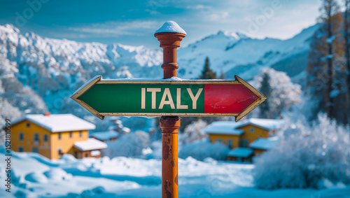 on the pole there is a direction arrow with the inscription        Italy against the     winter background of a picturesque    landscape
