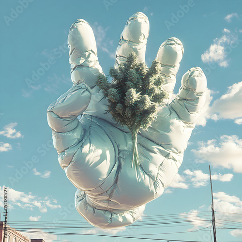 inflatable blowup balloon hand floating in the sky with a marijuana weed bud in the palm of it