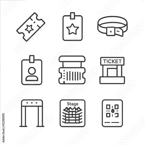 Concert Access Icons. Outline icon set of concert tickets and access: ticket stub, VIP pass, wristband, backstage pass, barcode