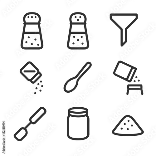 Condiment Icon Set. Outline icon set of refilling table condiments: salt, pepper shaker, seasoning, funnel, kitchen tools, jar,