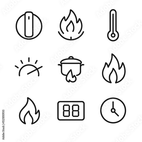 Cooking Control Icons. Outline icon set of cooking temperature controls: stove knob, flame level icon, thermometer probe, heat