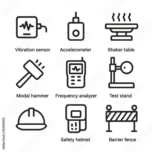 Construction Vibration Icons. Outline icon set of construction vibration testing: vibration sensor, accelerometer, shaker table,