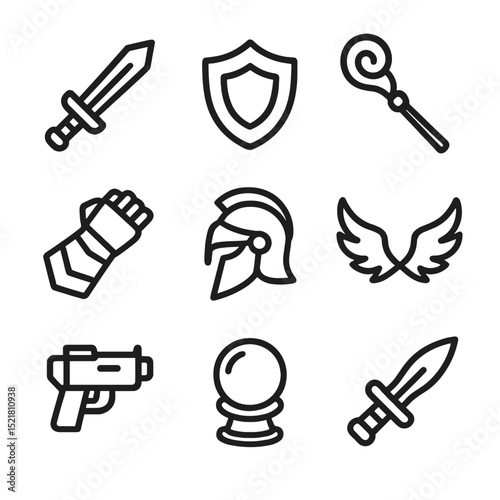 Cosplay Prop Icons. Outline icon set of cosplay props: prop sword, shield, staff, armor gauntlet, helmet, cosplay wings, prop gun,