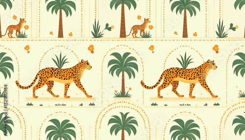 Playful Leopard and Palm Tree Pattern: A Whimsical Jungle Illustration for Decorative Backgrounds