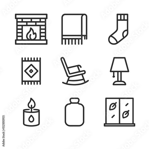 Cozy Home Icons. Outline icon set of cozy home atmosphere: fireplace, throw blanket, wool sock, rug, rocking chair, warm lamp,