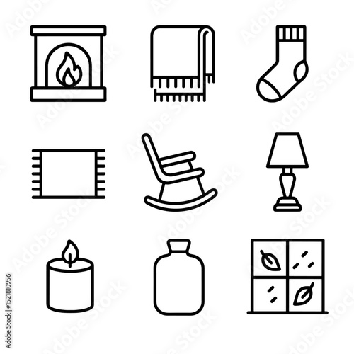 Cozy Home Icons. Outline icon set of cozy home atmosphere: fireplace, throw blanket, wool sock, rug, rocking chair, warm lamp,