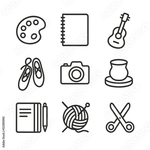 Creative Outlets Icons. Outline icon set of creative outlets: paint palette, sketchbook, guitar, dance shoes, camera, pottery